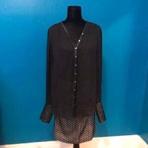 Elizabeth & James Silk Black Blouse with Lamb Leather Ruched Cuffs; Size Small